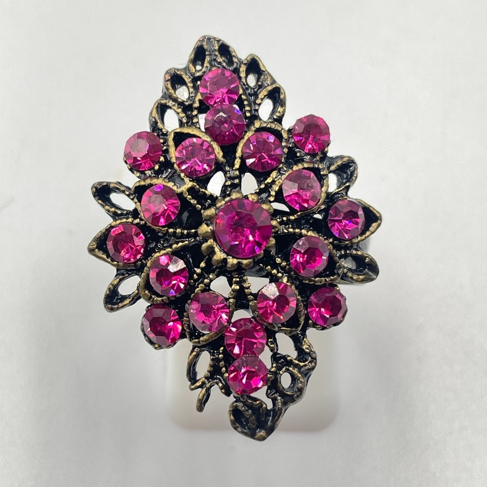 Vintage Retro Hot Pink Rhinestone Statement Ring Antique Gold Tone Cocktail